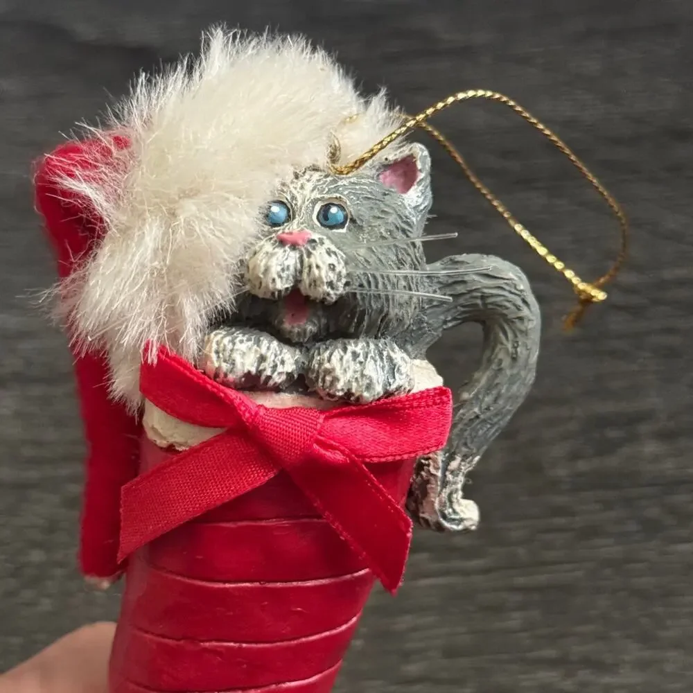 VTG Kurt S Adler Cat‎ Santa Hat Stocking Christmas Holiday Ornament Whiskers